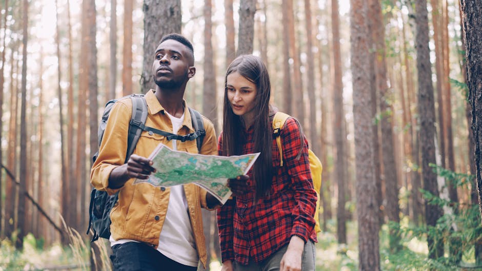Two young adults navigate through a forest using a map, symbolizing exploration and adventure